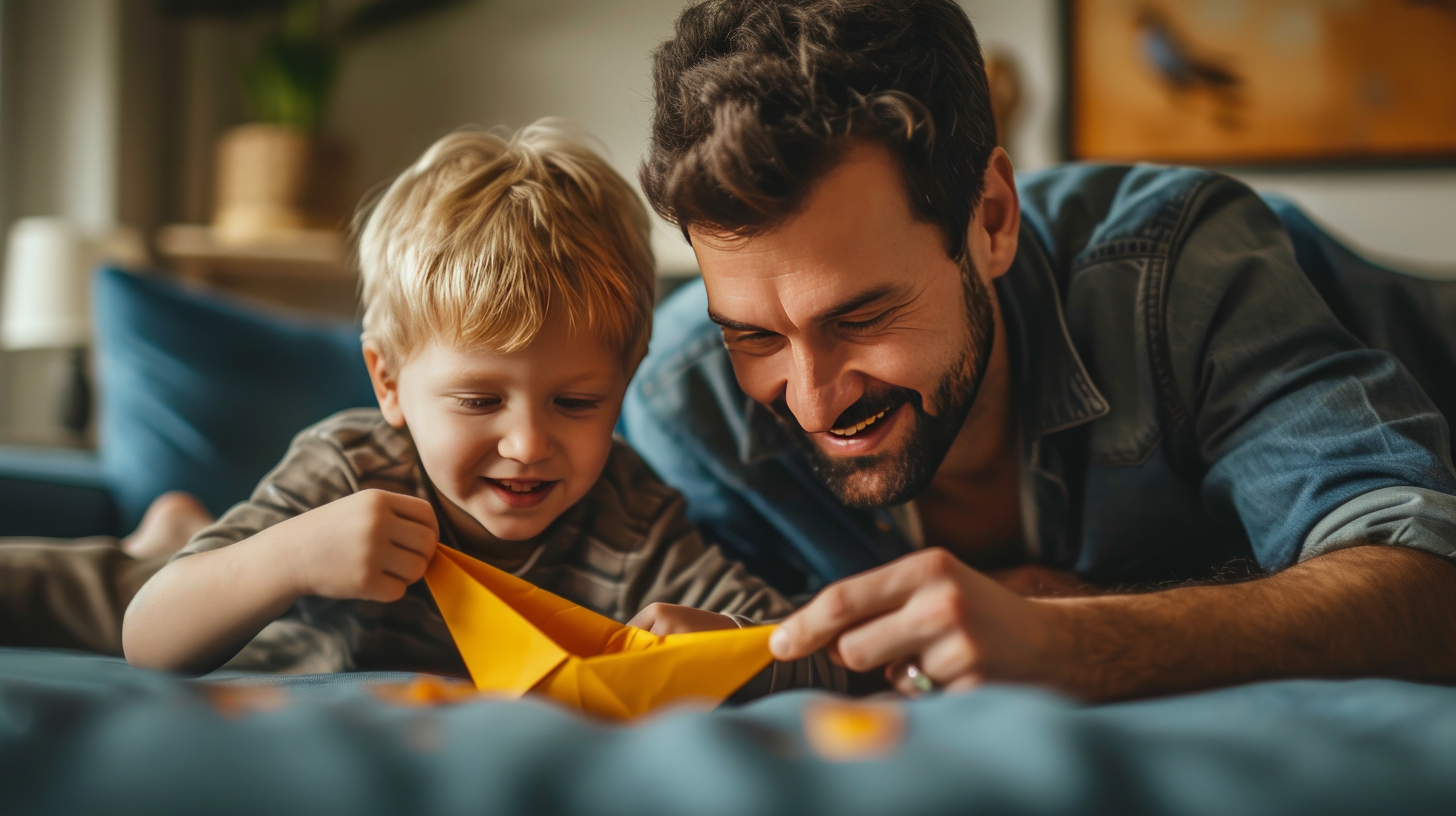 Joyful dad and son playing in their new backyard, celebrating their family's journey to homeownership with a conventional home loan that turned dreams into reality.