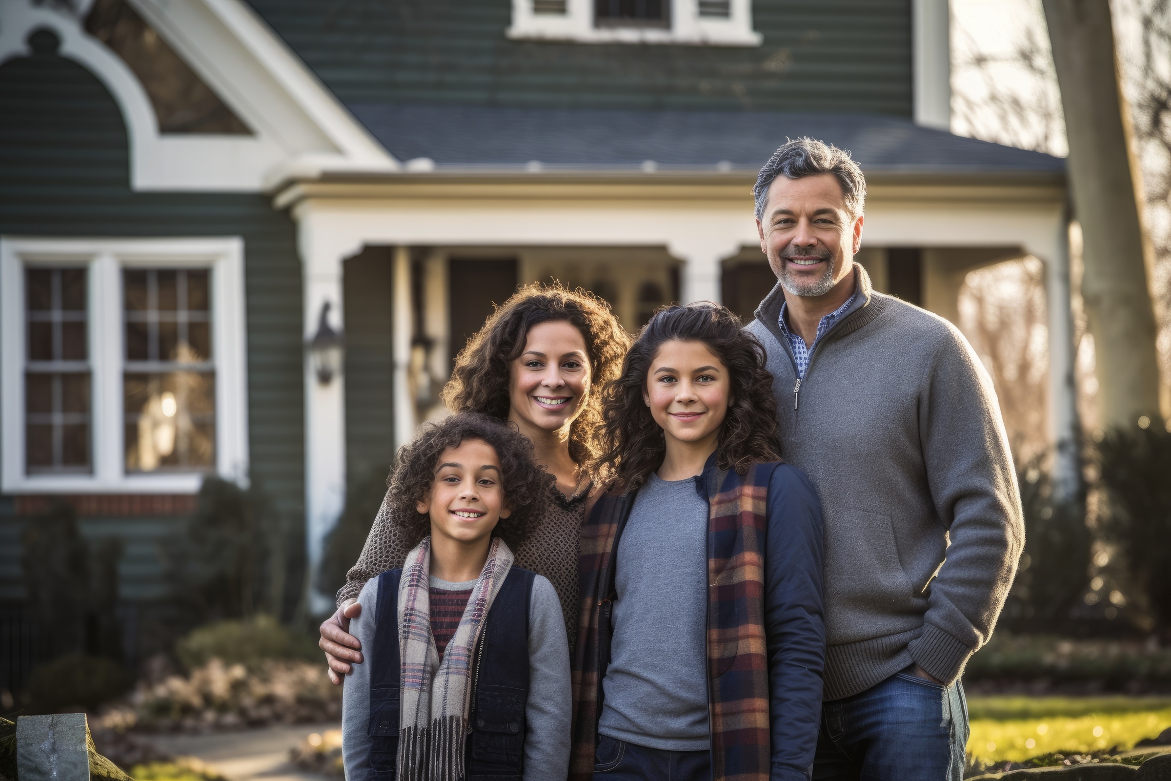 Family standing proudly in front of their new large home, secured through a Jumbo home loan, showcasing luxury living and financial expertise in upscale real estate.